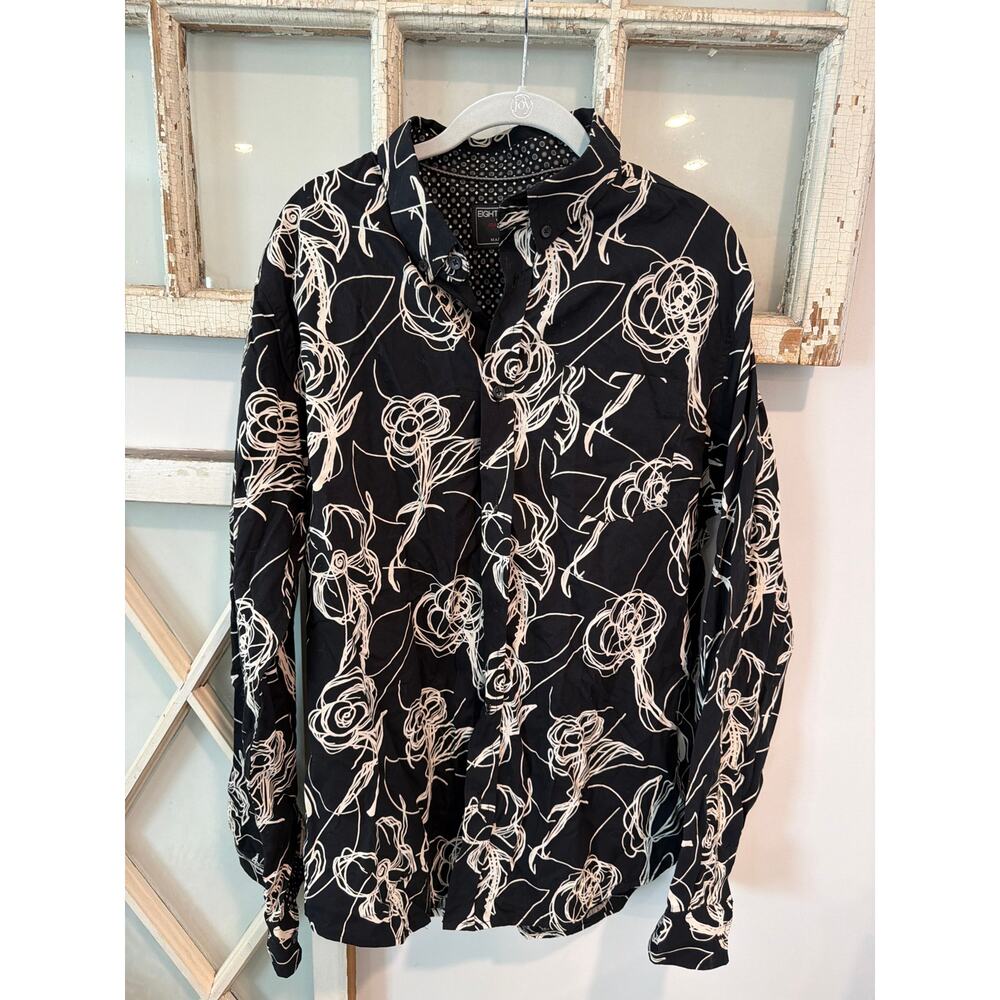 Eighth Avenue XL pattern button-up shirt black with white floral scribble design